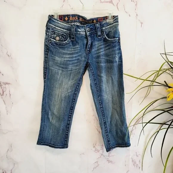 Rock Revival Blue Distressed Embroidered Capri Jeans - Picture 2 of 6